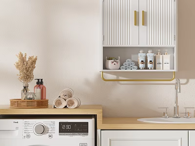 Modern Laundry Bathroom Interior With White Cabinets Gold Handles Toiletries On Shelf And Dried Flowers 3d model