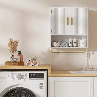 Modern Laundry Bathroom Interior With White Cabinets Gold Handles Toiletries On Shelf And Dried Flowers 3d model