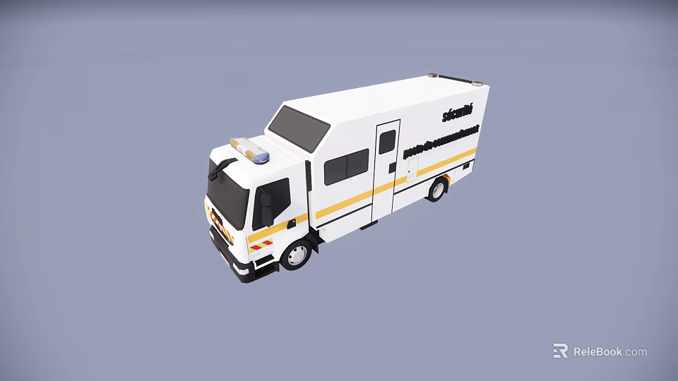 White School Emergency Response Bus With Blue Lights Yellow Stripes And Black Details 3d model 