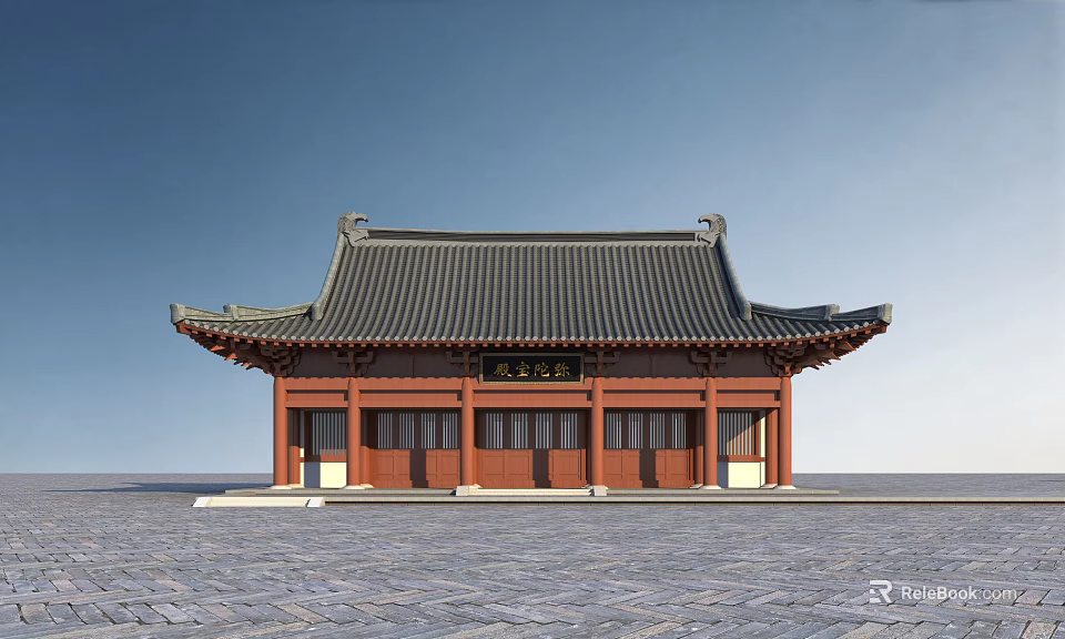 Ancient Chinese Architecture With Traditional Black Tile Roof Overhanging Eaves Red Pillars And Stone Pavement 3d model 