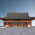 Ancient Chinese Architecture With Traditional Black Tile Roof Overhanging Eaves Red Pillars And Stone Pavement