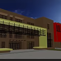 Modern School Building with Brown Main Yellow Red Green Accents Large Windows and Open Entrance