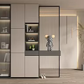 Modern Shoe Cabinet Design With Open Shelves Decorative Figurines And Potted Plants