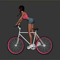 Female Game Movie Character Wearing Sunglasses Pink Top Denim Shorts Riding Bicycle With Pink Wheels