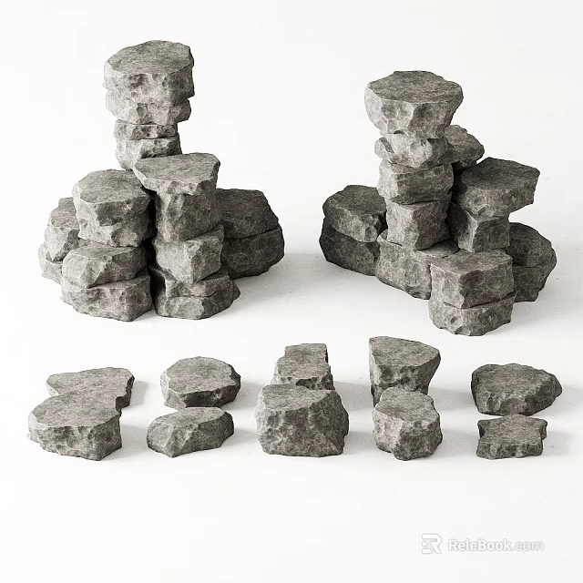 Natural Stone And Wood Blocks Stacked In Various Shapes For Decorative Design 3d model 