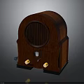 Vintage Electronic Radio With Wooden Case Circular Speaker Grille And Yellow Indicator Lights