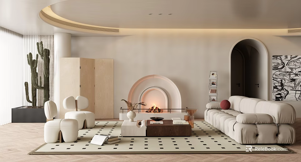 Modern Living Room Interior With Fireplace Sofa Coffee Table And Patterned Rug 3d model 