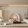 Modern Living Room Interior With Fireplace Sofa Coffee Table And Patterned Rug