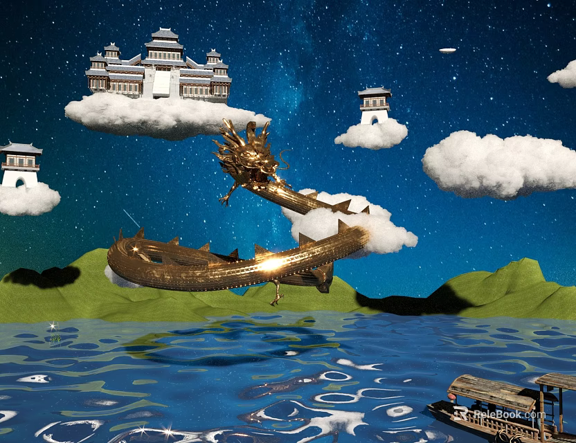 Cartoon Scene With Golden Dragon Chinese Style Buildings On Clouds Starry Sky And Water Surface 3d model 