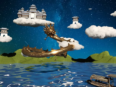 Cartoon Scene With Golden Dragon Chinese Style Buildings On Clouds Starry Sky And Water Surface 3d model