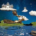 Cartoon Scene With Golden Dragon Chinese Style Buildings On Clouds Starry Sky And Water Surface
