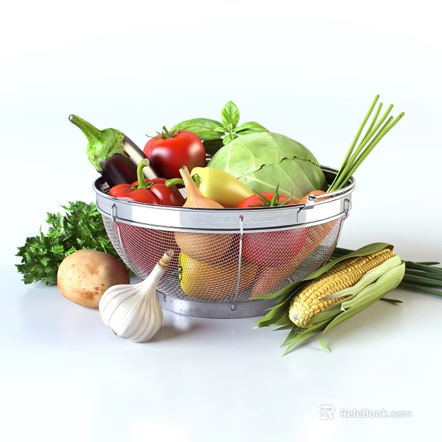 Fresh Assorted Vegetables in Metal Mesh Basket Surrounded by Potato Garlic and Corn 3d model 