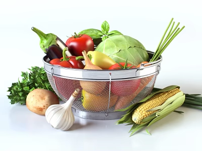 Fresh Assorted Vegetables in Metal Mesh Basket Surrounded by Potato Garlic and Corn 3d model