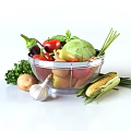 Fresh Assorted Vegetables in Metal Mesh Basket Surrounded by Potato Garlic and Corn