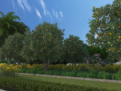 Lush Garden Landscape With Orange Trees Palm Trees Colorful Flowers And Green Lawn 3d model