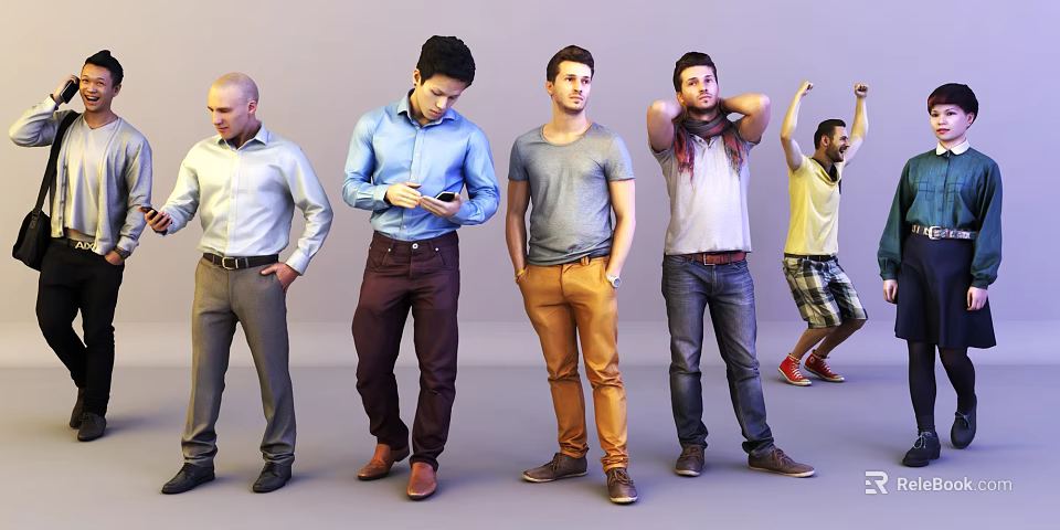 Group of Men in Different Casual Outfits Standing with Various Poses 3d model 
