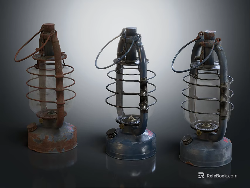 Three Rustic Vintage Candle Lamps With Metal Frames And Glass Shades 3d model 