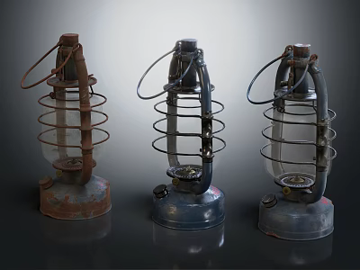 Three Rustic Vintage Candle Lamps With Metal Frames And Glass Shades 3d model