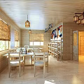 Wooden Bar Interior with Pendant Lights Bar Counter Wine Racks Wheel Decorations and Flooring
