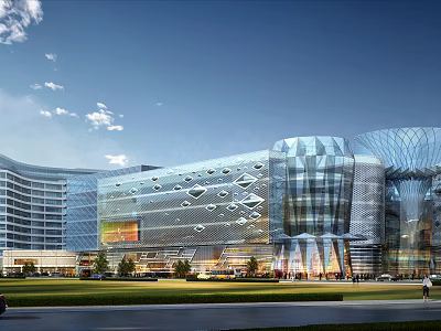 Contemporary Urban Building Exterior With Glass Facade Geometric Design And Green Landscape 3d model