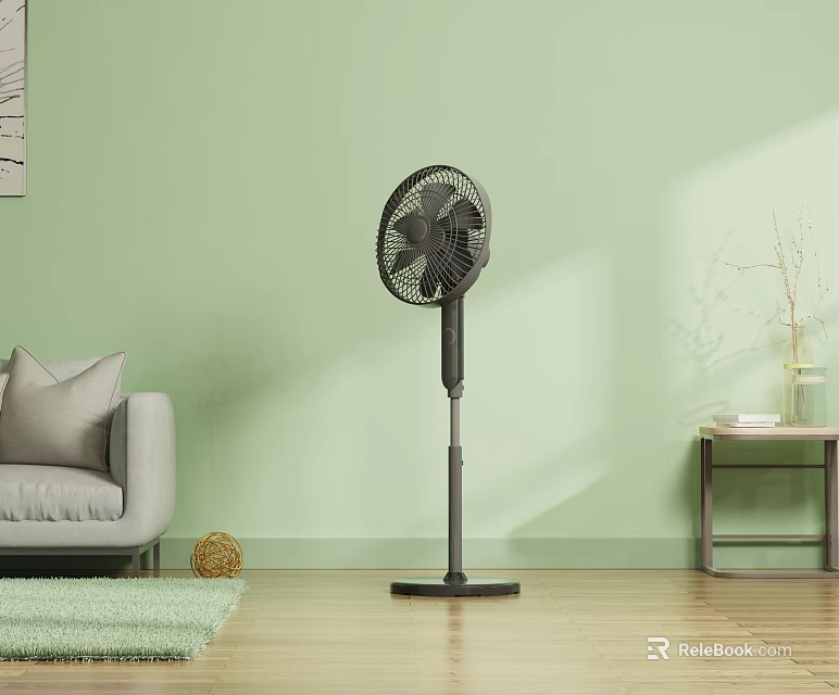 Stylish Stand Fan In Living Room Interior With Green Wall Gray Sofa And Wooden Floor 3d model 