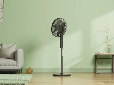 Stylish Stand Fan In Living Room Interior With Green Wall Gray Sofa And Wooden Floor 3d model