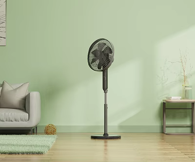 Stylish Stand Fan In Living Room Interior With Green Wall Gray Sofa And Wooden Floor 3d model