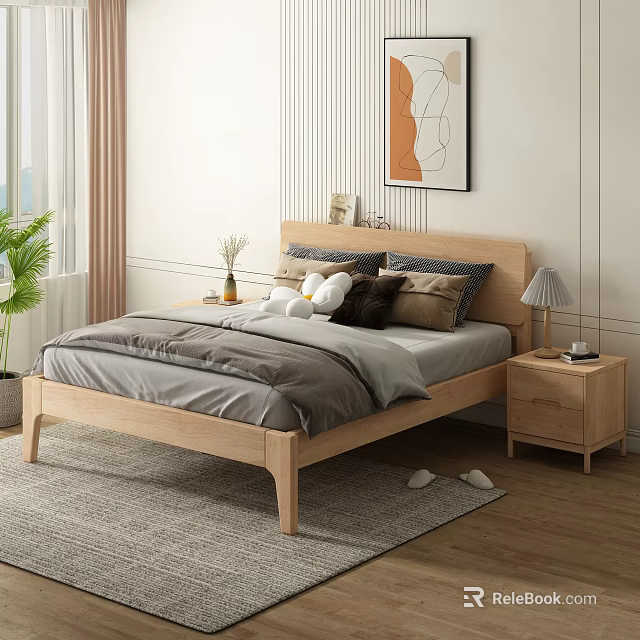 Modern Wooden Double Bed with Gray Bedding Pillows Nightstands Table Lamp Wall Art and Curtains 3d model 