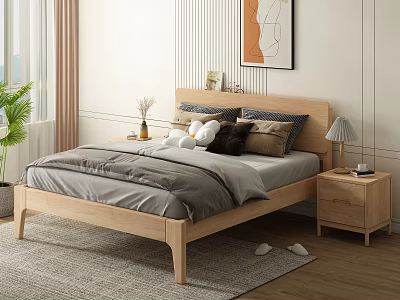 Modern Wooden Double Bed with Gray Bedding Pillows Nightstands Table Lamp Wall Art and Curtains 3d model