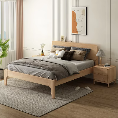 Modern Wooden Double Bed with Gray Bedding Pillows Nightstands Table Lamp Wall Art and Curtains 3d model