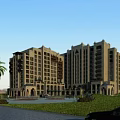 Elegant Office Building Exterior With Classical Design Landscaped Gardens Palm Trees And Fountains
