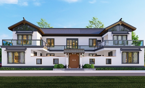 Chinese-style single-family villa Two-story courtyard villa Architectural appearance 3d model