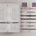 Display Of Various Style Door Handles In Different Colors Next To White Double Doors
