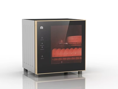 Black Gold Kitchen Dish Sterilizer With Red Dishes Inside Digital Display And Control Panel 3d model