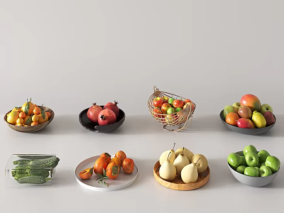 Assorted Fresh Fruits in Bowls Baskets and Plates on White Surface 3d model