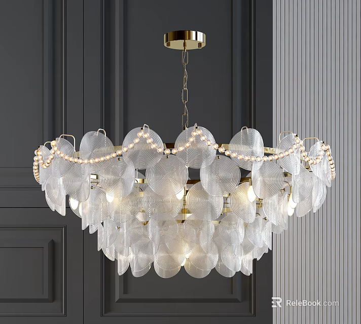 Modern Elegant Transparent Leaf Shaped Chandelier With Golden Chain And Beaded Details 3d model 