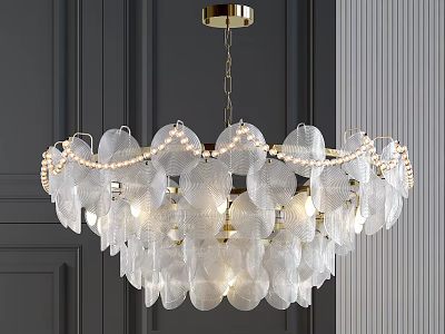 Modern Elegant Transparent Leaf Shaped Chandelier With Golden Chain And Beaded Details 3d model