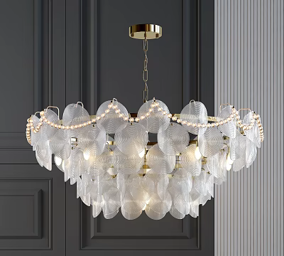 Modern Elegant Transparent Leaf Shaped Chandelier With Golden Chain And Beaded Details 3d model