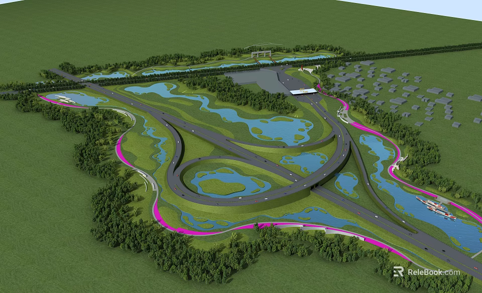 Waterfront Landscape Design With Winding Roads Multiple Water Bodies Green Vegetation And Pink Pathways 3d model 