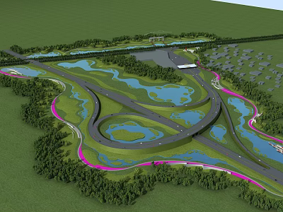 Waterfront Landscape Design With Winding Roads Multiple Water Bodies Green Vegetation And Pink Pathways 3d model