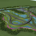 Waterfront Landscape Design With Winding Roads Multiple Water Bodies Green Vegetation And Pink Pathways