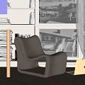 Modern Fabric Accent Chair With Wooden Laptop Near Bookshelf And Window In Cozy Indoor Setting