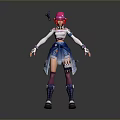 Woman With Pink Hair In White Top Blue Skirt And Boots On Gray Background