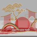 Chinese Style New Year Photo Spot With Golden Red Decorations And Happy New Year Text