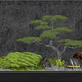 Indoor Landscape Featuring Gray Stone Wall Pine Tree Green Moss Stones And Round Lamp