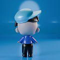 Male Doll Figure With Light Blue Cap Brown Hair And Blue Jacket On Blue Background