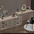 Modern White Dressing Table With Glass Door Drawers Round Mirror And Decorative Chair