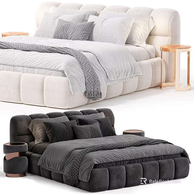 Modern Double Beds With Upholstered Design Mattress Pillows And Bedside Tables 3d model 