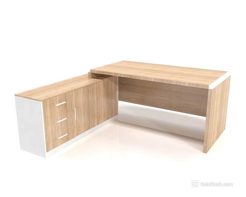 Modern L Shaped Office Desk With Wooden Surface Drawers And Cabinets 3d model 