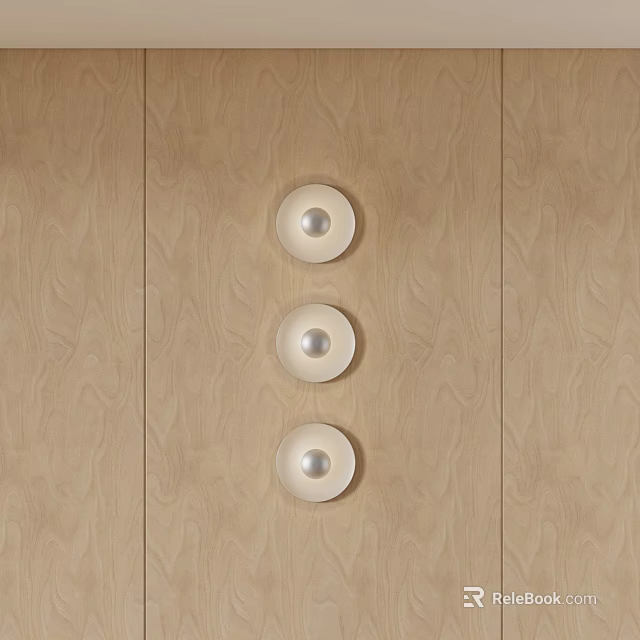 Three Modern Round Wall Lamps Mounted on Light Wood Grain Wall 3d model